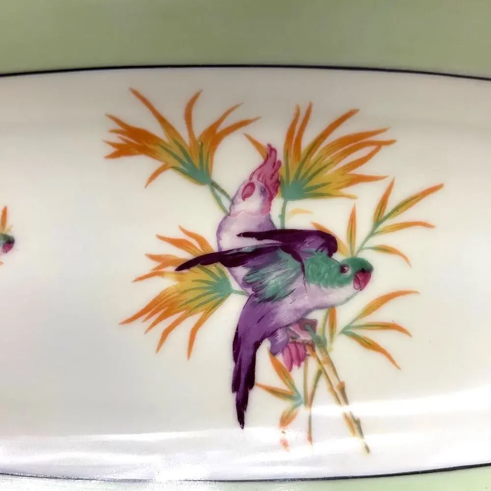 Antique 1920's Moschendorf Bavaria‎ Green Yellow Birds Platter/Celery Dish
